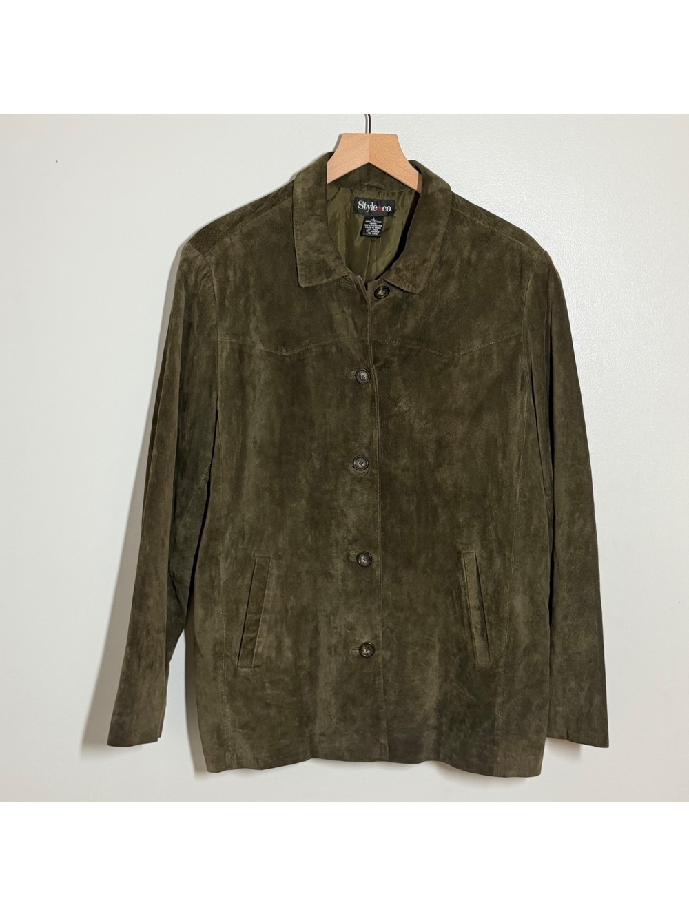 Style & Co Womens Large  Olive Green Suede Leather Shirt Jacket Button Front